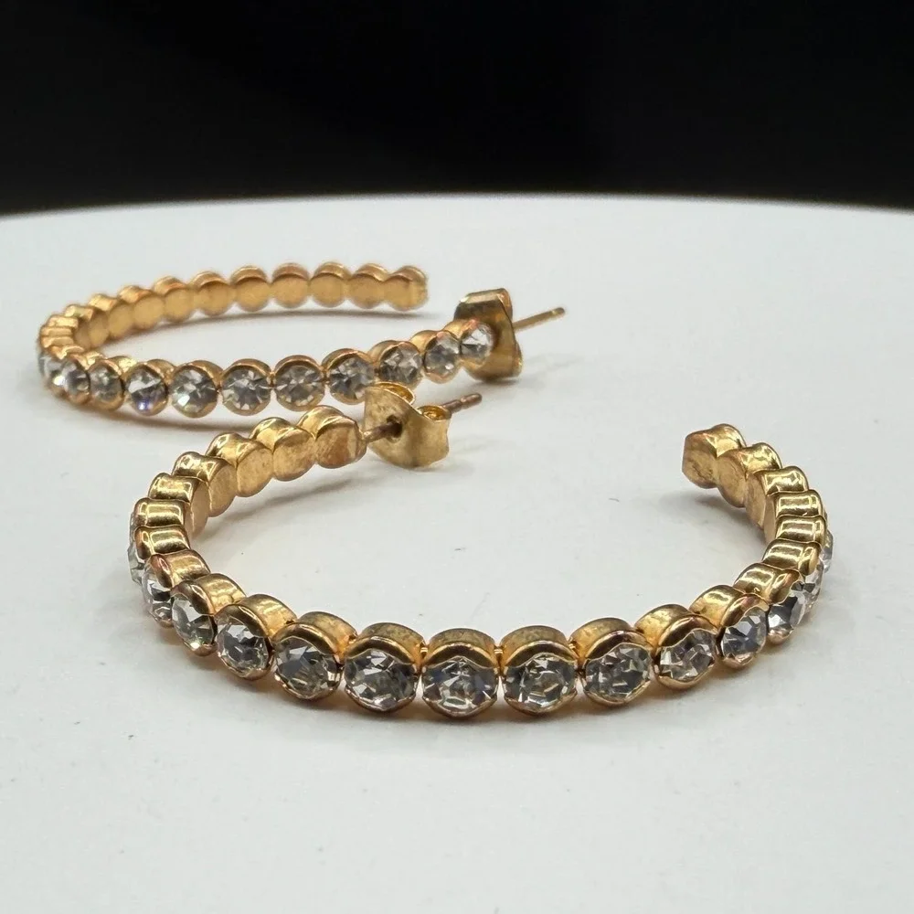 Gold Tone Rhinestone Hoop Earrings Clear Crystal Statement Glamour Gift for Her